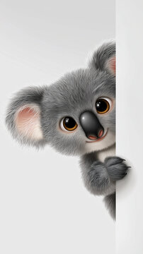 A cute cartoon koala peeks around a white corner with big curious eyes A cute cartoon koala peeking around a white corner with big brown eyes and a happy expression