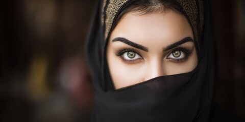 Naklejka premium Middle eastern woman's striking green eyes wearing niqab