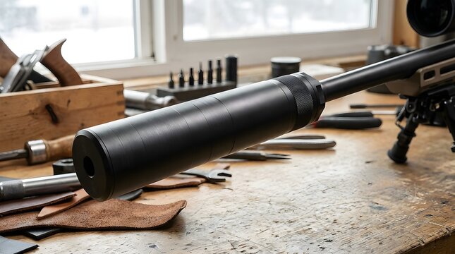 Sleek black rifle suppressor attached to barrel on workshop bench with tools