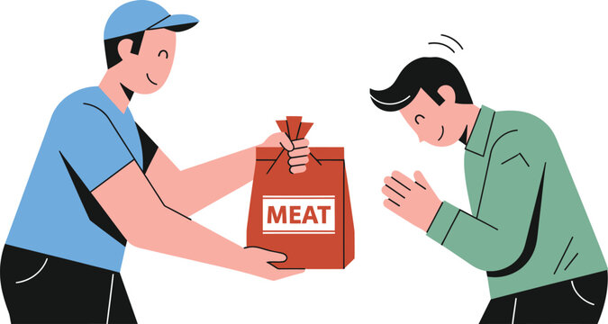 man receiving a bag of meat from a delivery person