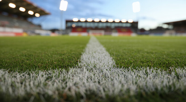 Low angle view of a soccer field with white lines on green grass in an empty stadium at twilight