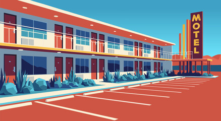 Retro motel vector illustration in a warm color palette, depicting a classic roadside lodging with ample parking spaces and a vintage neon sign, perfect for travel and lifestyle themes © Purnomo