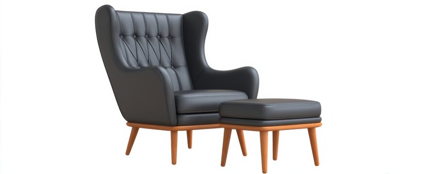 Stylish gray leather armchair and ottoman for chic living room or office decor