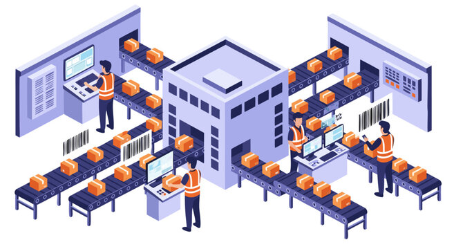Automated warehouse logistics with conveyor belts, scanning, and people working, vector illustration of modern factory operations and supply chain management