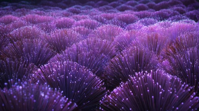Groups of colorful underwater plants move slowly with the ocean current. The water glows with light. This takes place during sunset in a vibrant marine area.