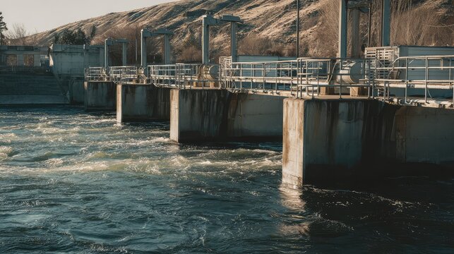 River water vigorously flowing through large concrete dam gates, controlling irrigation and generating hydroelectric power in a rugged outdoor landscape