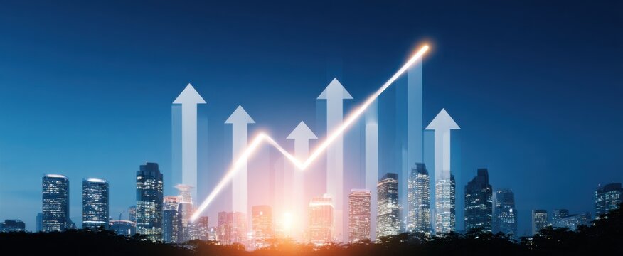 Dynamic thriving startups showcase market growth and robust financial results with upward arrows among city skyscrapers.