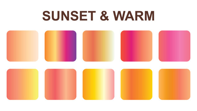 Sunset and warm gradient color set with vibrant abstract orange pink yellow swatches, smooth modern mesh transitions, minimal summer palette collection for web and UI design