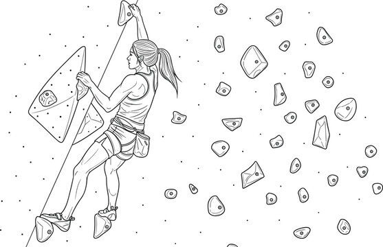 Female rock climber scaling indoor climbing wall dynamic line drawing with athlete gripping holds extreme sport illustration