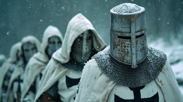 Cinematic Row of Medieval Teutonic Knights in Great Helms During a Winter Snowfall