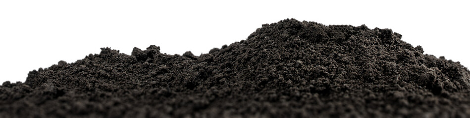 Naklejka premium Black soil pile isolated background. Dark earth texture for gardening, agriculture, planting, compost and design use.
