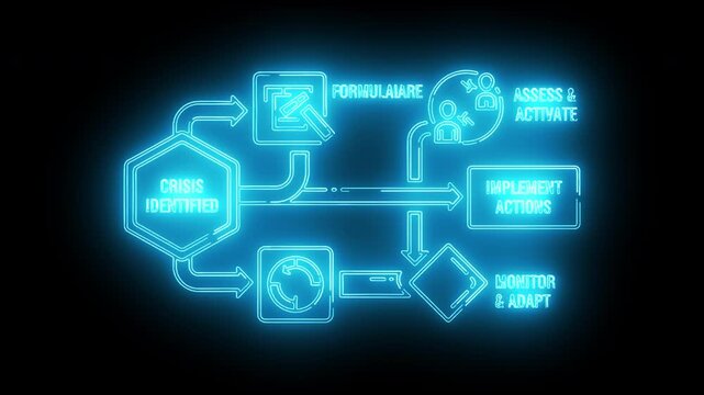 Neon-lit flowchart diagram with glowing blue lines and symbols on a black background