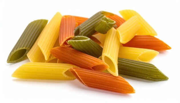 Pile of Tri-Color Penne Pasta Isolated on White Background.