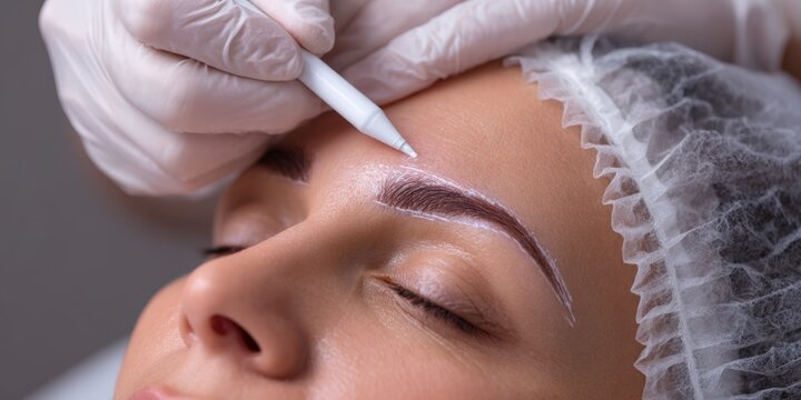 Specialist marking eyebrows for permanent microblading makeup procedure
