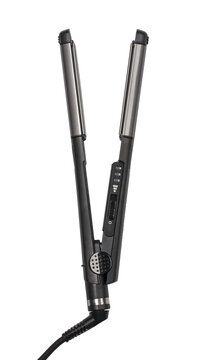 Black hair flat iron styling tool on transparent background