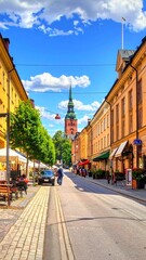 Obraz premium A vibrant city street with old buildings and a church steeple