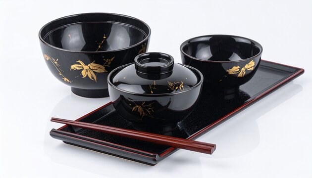 漆器・蒔絵・黒漆・金・伝統工芸・和食器・高級感・物撮り・日本の伝統美術素材／Japanese lacquerware with gold maki-e on white background, black urushi lacquer bowl tray chopsticks, traditional craft stock photo, luxury Japanese tableware