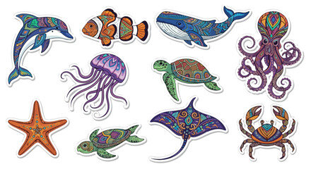 Obraz premium Vibrant flat lay of tribal-style sea creatures including dolphin, starfish, and octopus against a clean white background