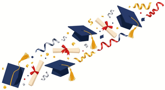 Graduation celebration scene with caps, diplomas, confetti, and streamers in a frame, border, on a clean environment, viewpoint, with achievement and festivity, graduation, frame, border