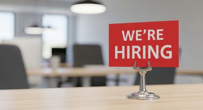 Red sign on a table in an office with the text were hiring