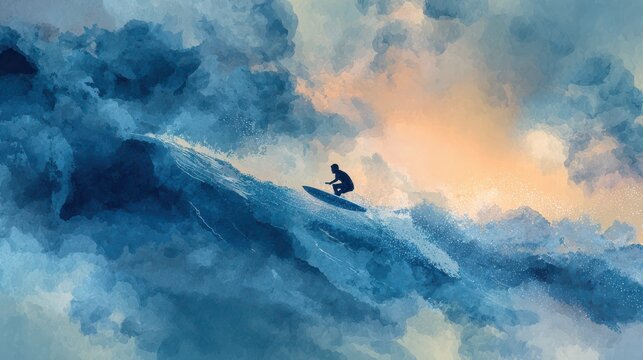 Surfer balances on a surfboard while riding a large wave. The sun sets in the background, creating colorful clouds and water spray at the beach.