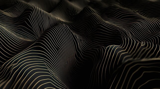 Abstract flowing waves pattern rendered with golden parallel lines over a dark textured surface