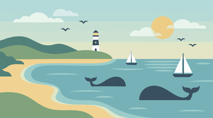 Naklejka premium Minimalist seaside landscape with lighthouse, whales, sailboats, and beach