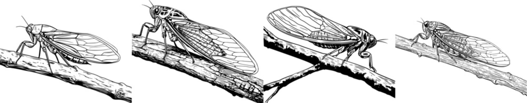 A bold black ink outline of a cicada singing on a flat tree branch line against a solid white background, in a coloring page style with sharp contrast and clear borders, isolated subject, flat 2D