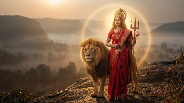 Goddess Durga illustration red saree holding trident lion companion misty sunrise mountain ridge Shakti warrior divine power background wallpaper