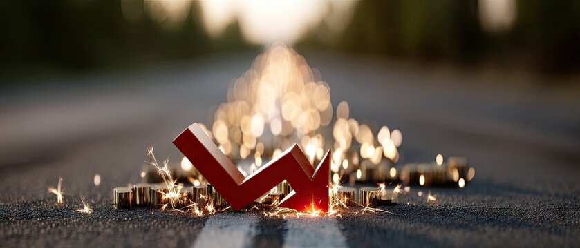 Red arrow points down with sparks on asphalt road showing market crash or failing business in blurred background at sunset