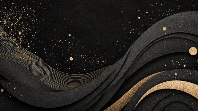 Elegant dark background featuring flowing black waves accented with shimmering gold details and particles