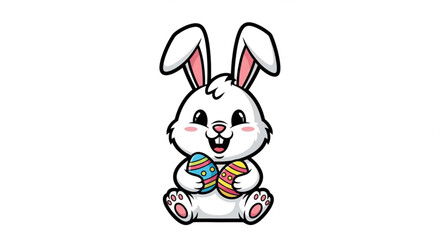 Obraz premium Cute cartoon Easter bunny holding colorful painted eggs adorable illustration for spring holiday celebrations and childrens designs isolated on white