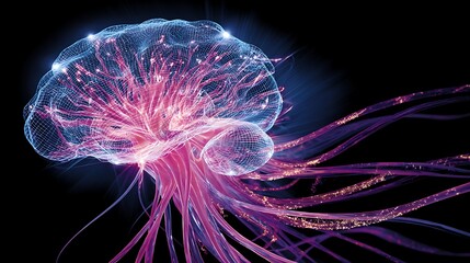 Fototapeta premium Vibrant digital illustration of a jellyfish with pink and blue neon lights on black background