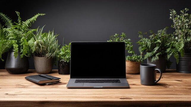 Modern workspace setup features a portable computer surrounded by lush green houseplants on a wooden desk against a dark background.