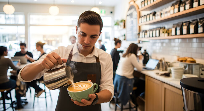 Skilled barista expertly pouring latte art in a bustling modern cafe