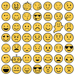 Fototapeta premium Collection of various yellow emoticon faces on white background 