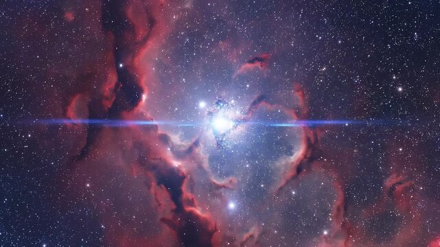 A cosmic nebula glows with red, blue, and purple hues, punctuated by stars and light streaks