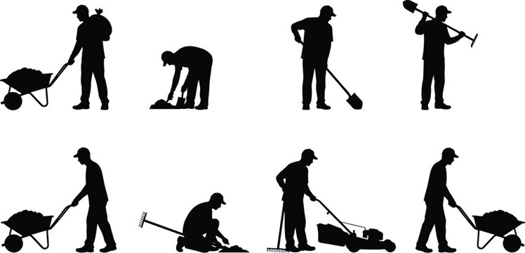 Garden workers silhouettes set landscaping tools shovel rake lawn mower wheelbarrow labor outdoor black shadow vector illustration collection design