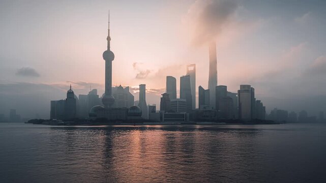 Cityscape of Shanghai skyline with Oriental Pearl Tower and iconic financial building in Lujiazui business center