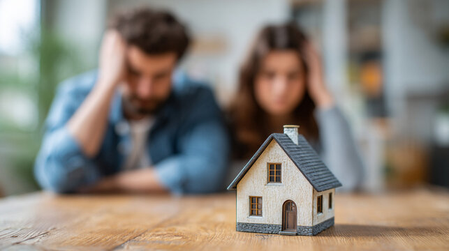 Financial Stress and Mortgage Concept: Young Couple in Despair Behind Small House Model
