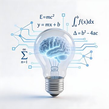 Human brain inside transparent glass lightbulb with neural network connections and equations, artificial intelligence and neuroscience concept illustration for science and technology editorial