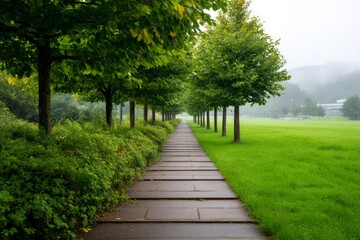 Obraz premium Serene Tree-Lined Walkway Disappearing into Dense Misty Landscape