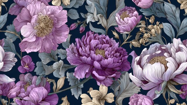 Bright fabric shows detailed flower patterns with peonies and other blooms. The design features different shades and shapes of flowers and leaves, arranged artfully on a dark background.
