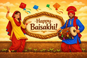 Obraz premium Happy Baisakhi celebration banner, Punjabi couple in traditional dress with dhol drum, Vaisakhi harvest festival illustration with kites and crops