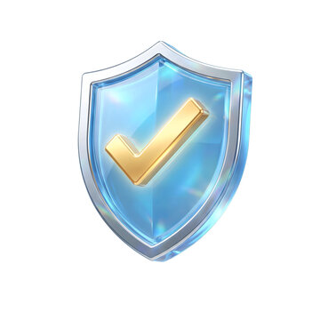 A shiny blue shield with a gold checkmark on a black background