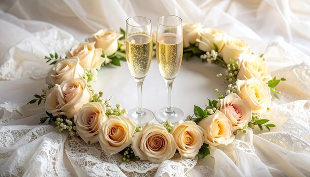 バラのリースとシャンパングラスが並ぶロマンチックなシーン。
花の華やかさとグラスの輝きが祝福の雰囲気を演出する。
赤やピンクのバラと透明なグラスが美しいコントラストを生む。
結婚式、記念日、愛、祝賀などのテーマに適したイメージ。