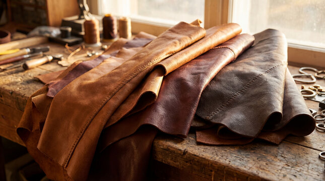 Various shades of genuine brown leather pieces stacked on a rustic workbench in an artisan workshop with blurred tools