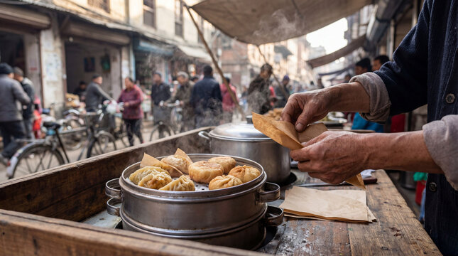 Street vendor steaming dumplings in a bustling Asian market, preparing food for customers.