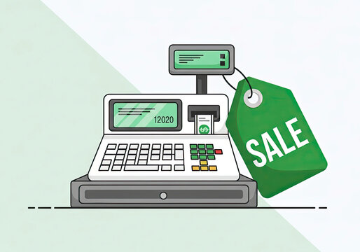 Electronic cash register with a paper receipt coming out of the slot and a large green hanging tag with white text saying SALE attached to the screen