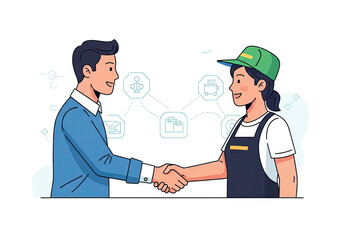 Fototapeta premium Man shaking hands with a woman worker wearing a green cap and apron in front of several thin line business icons on a white background